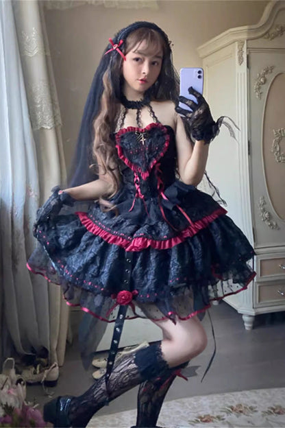 Witch Vampire Rose Print Ruffle Lace-Up Punk Dress
