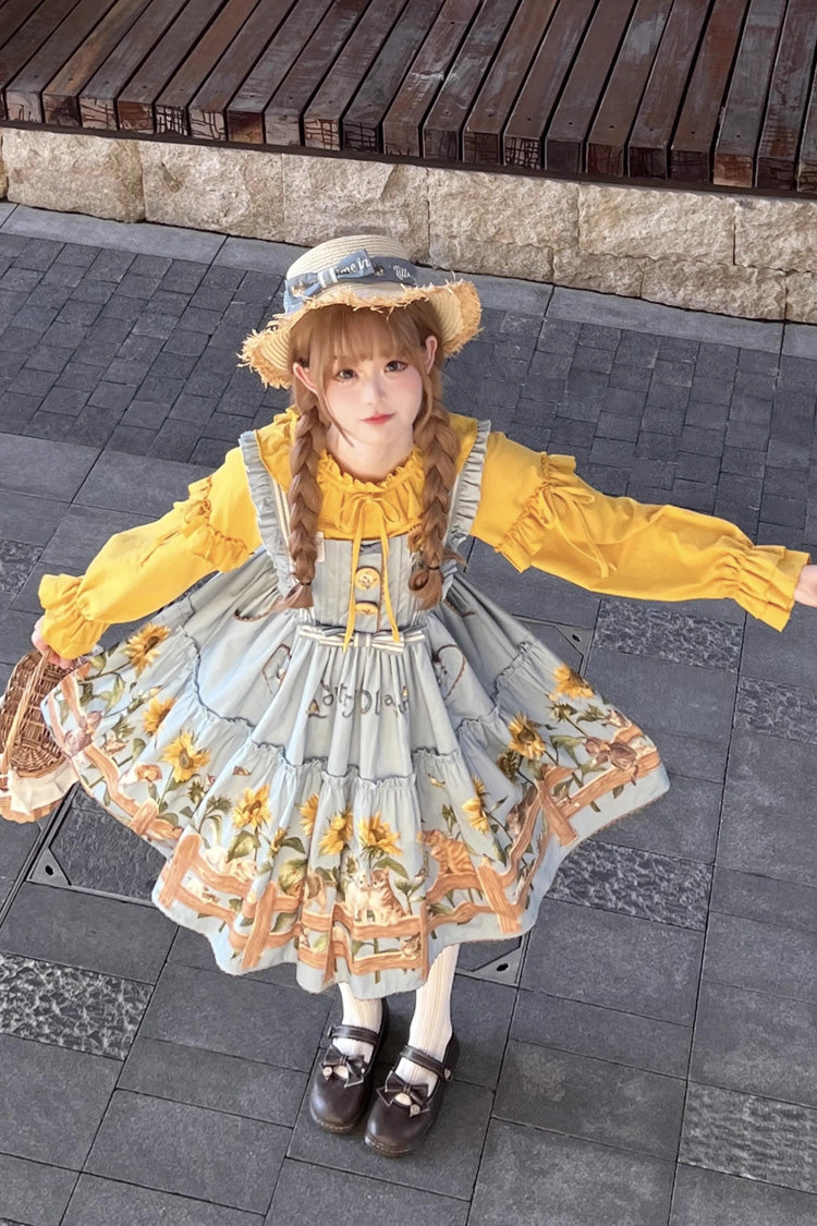 Sunflower-Print Bow-Adorned Sweet Lolita JSK Dress in Two Tones