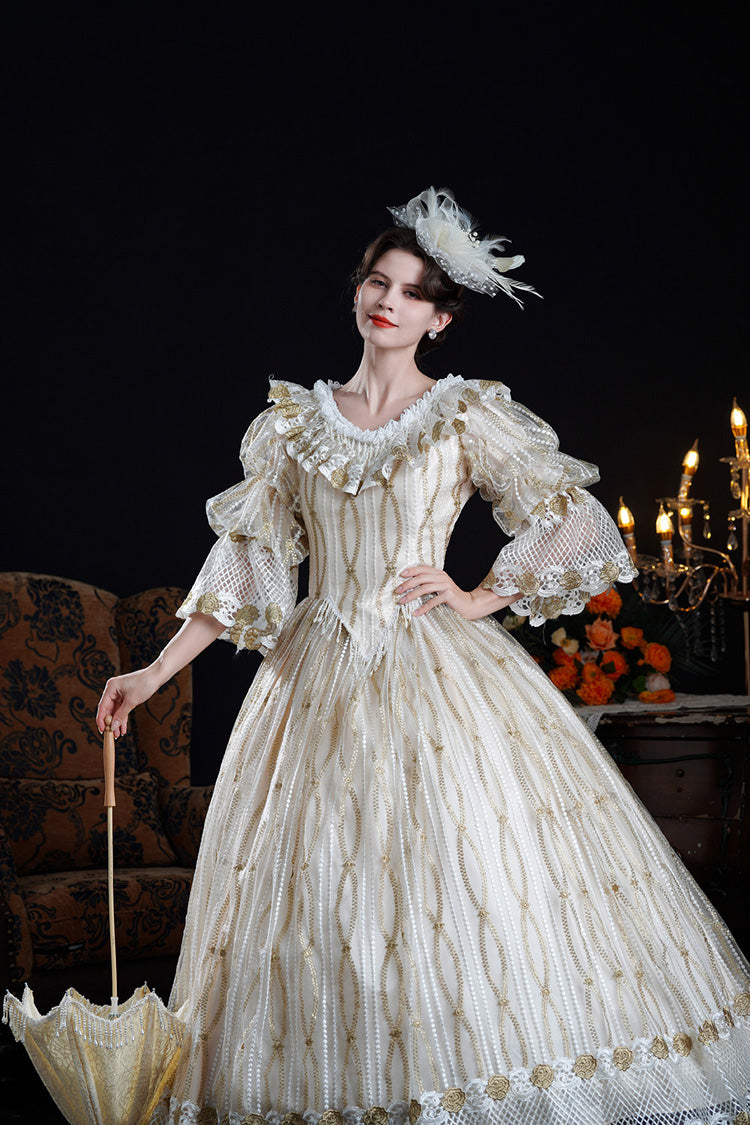 Ruffled Cut-Out Mesh Victorian Dress with Puff Sleeves