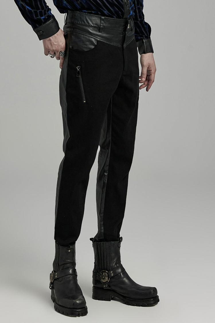 Punk Men's Trousers with Faux Leather Stitching and Zipper