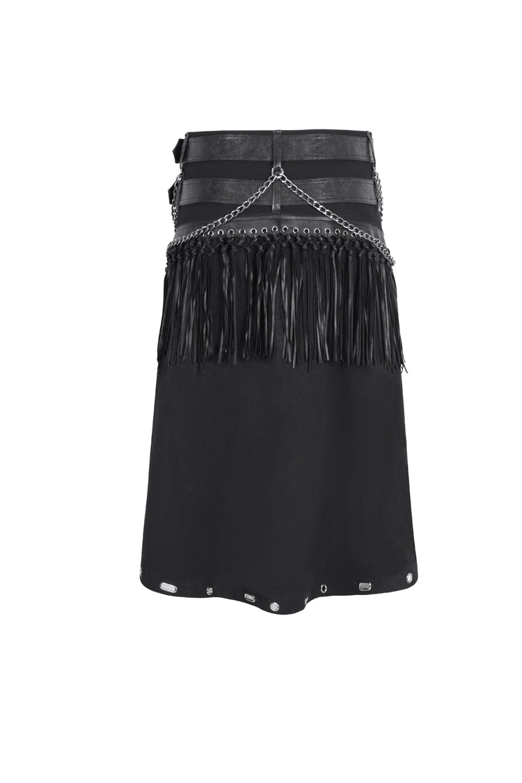 Double Belt Tassel Black Asymmetric Gothic Skirt for Men