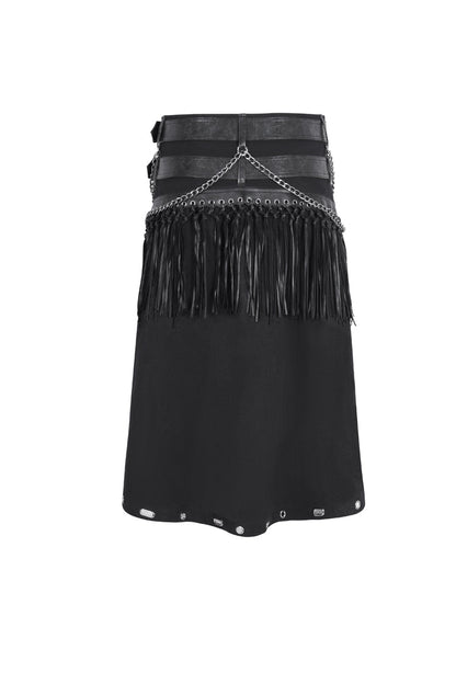 Double Belt Tassel Black Asymmetric Gothic Skirt for Men
