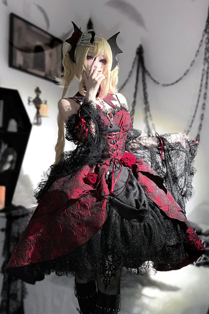 Weeping Rose Jacquard Lolita Dress with Lace-Up Cardigan - Noir