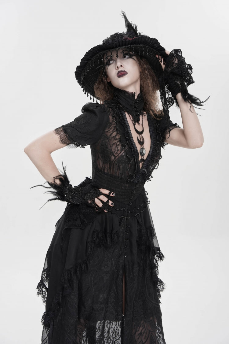 V Collar Short Sleeve Hanayome Lace Gothic Wedding Dress