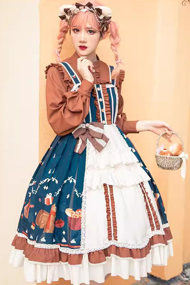 Festive Christmas Print Ruffled Bow Princess Style Jumper Dress