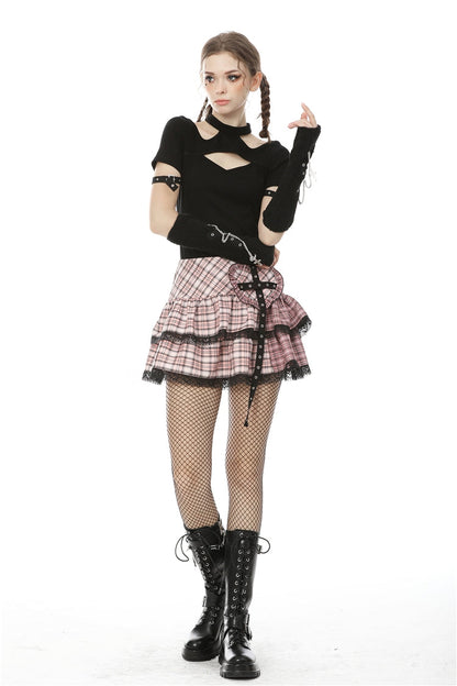 Pink Heart Plaid Double-Layer Ruffled Mini Skirt with Lace Hem
