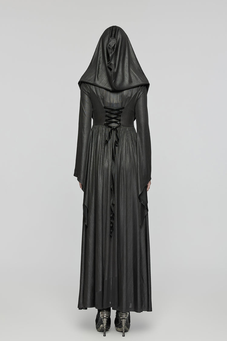 Hooded Dark Dress with Flared Sleeves - Women