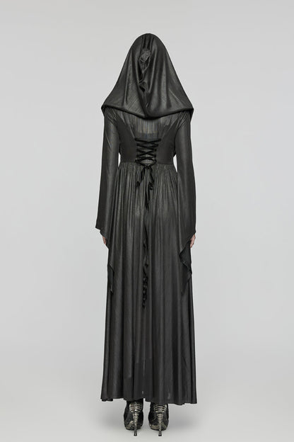 Hooded Dark Dress with Flared Sleeves - Women