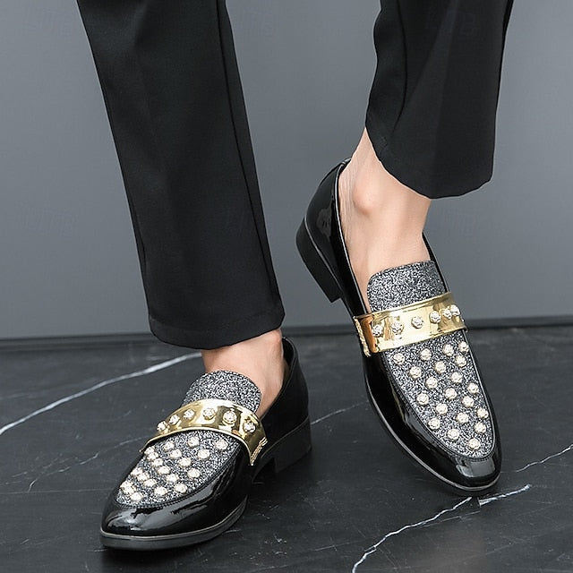 Men's Black Patent Loafers with Studded Detail and Gold