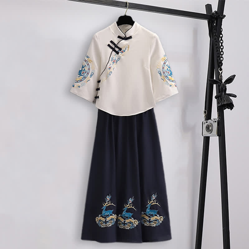 Elegant Shirt Deer Embroidery Buckle Skirt