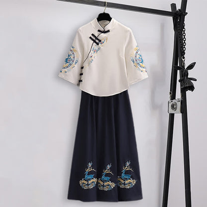 Elegant Shirt Deer Embroidery Buckle Skirt