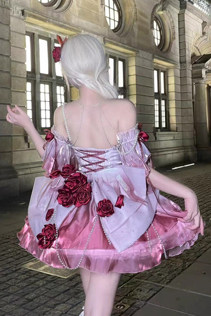 Plum Red Sweet Ballet Lolita Swan Wonderland Embroidery Lace-Up Mini JSK Dress