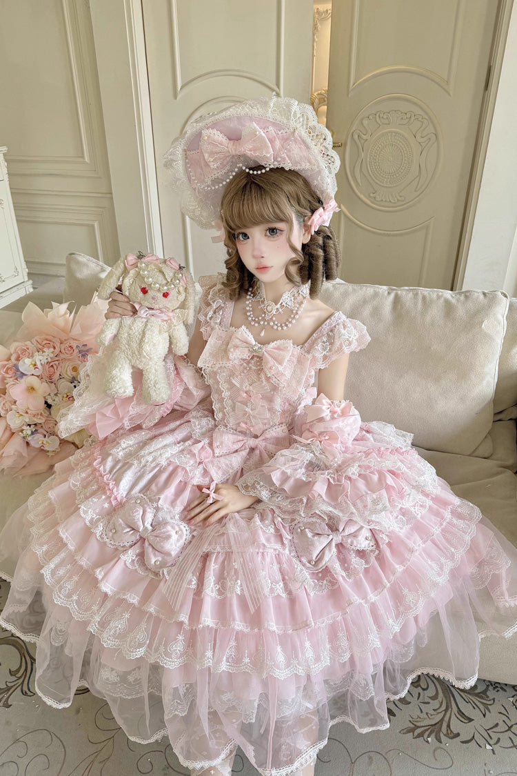 Rose Spring Prelude Sleeveless Tiered Ruffle Bow Lace Princess Sweet JSK Dress