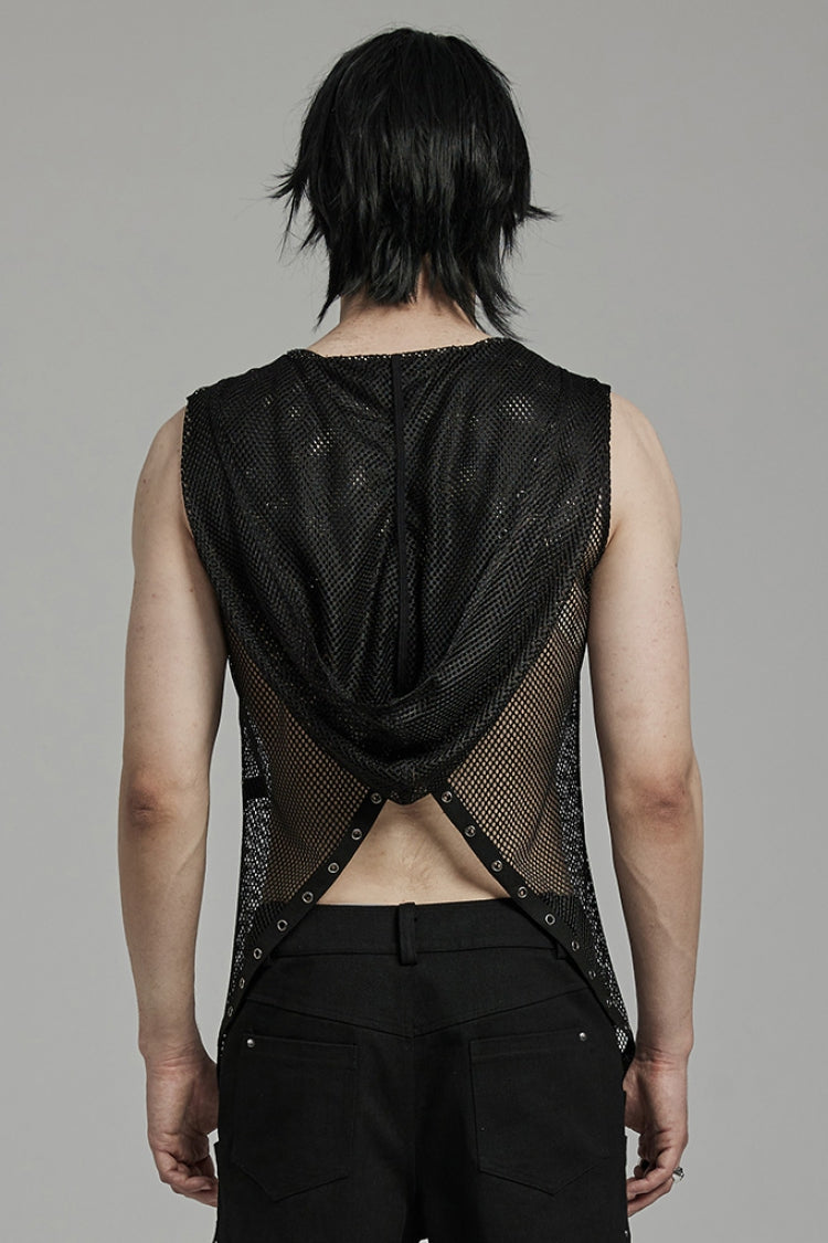 Mesh Eyelet Punk Sleeveless Hooded Vest for Men - NoirEdge