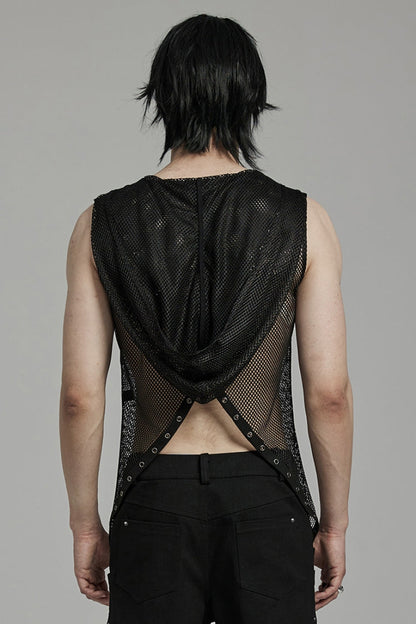 Mesh Eyelet Punk Sleeveless Hooded Vest for Men - NoirEdge