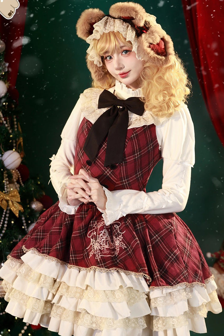 Chestnut Bear Cocoa Plaid Ruffle Bowknot Lolita JSK with Cloak