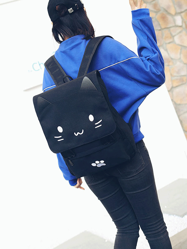 Sac à dos noir pour collège avec patte de chat mignon