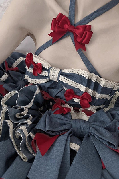 Halterneck Sleeveless Triple-Ruffle Laced JSK with Bow