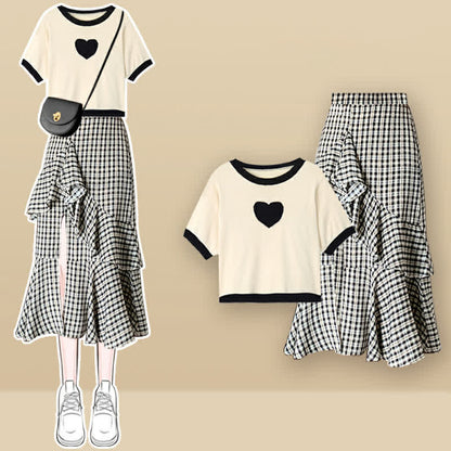 Skirt Split T-Shirt Lattice Flouncing Love Print Set Heart