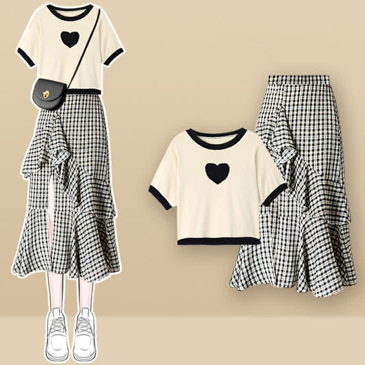 Skirt Split T-Shirt Lattice Flouncing Love Print Set Heart