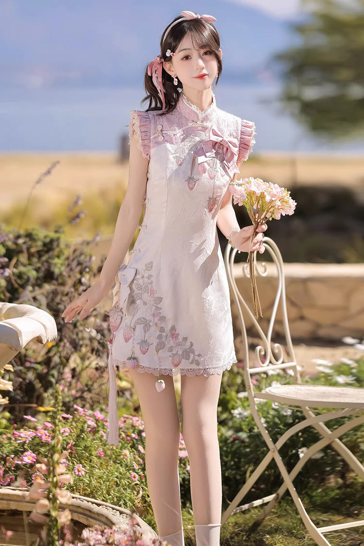 Lace Color-Blocked Chinese Style Sweet Dress - White/Pink Spring Strawberry