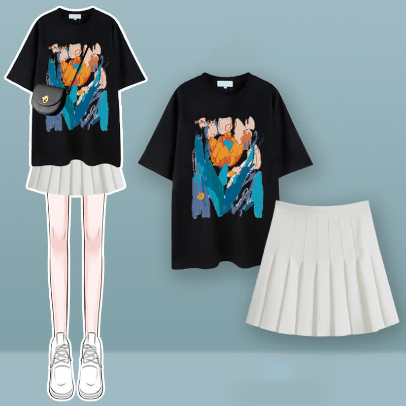 T-Shirt-Set mit Faltenrock und Tulpen-Kirschblüten-Print