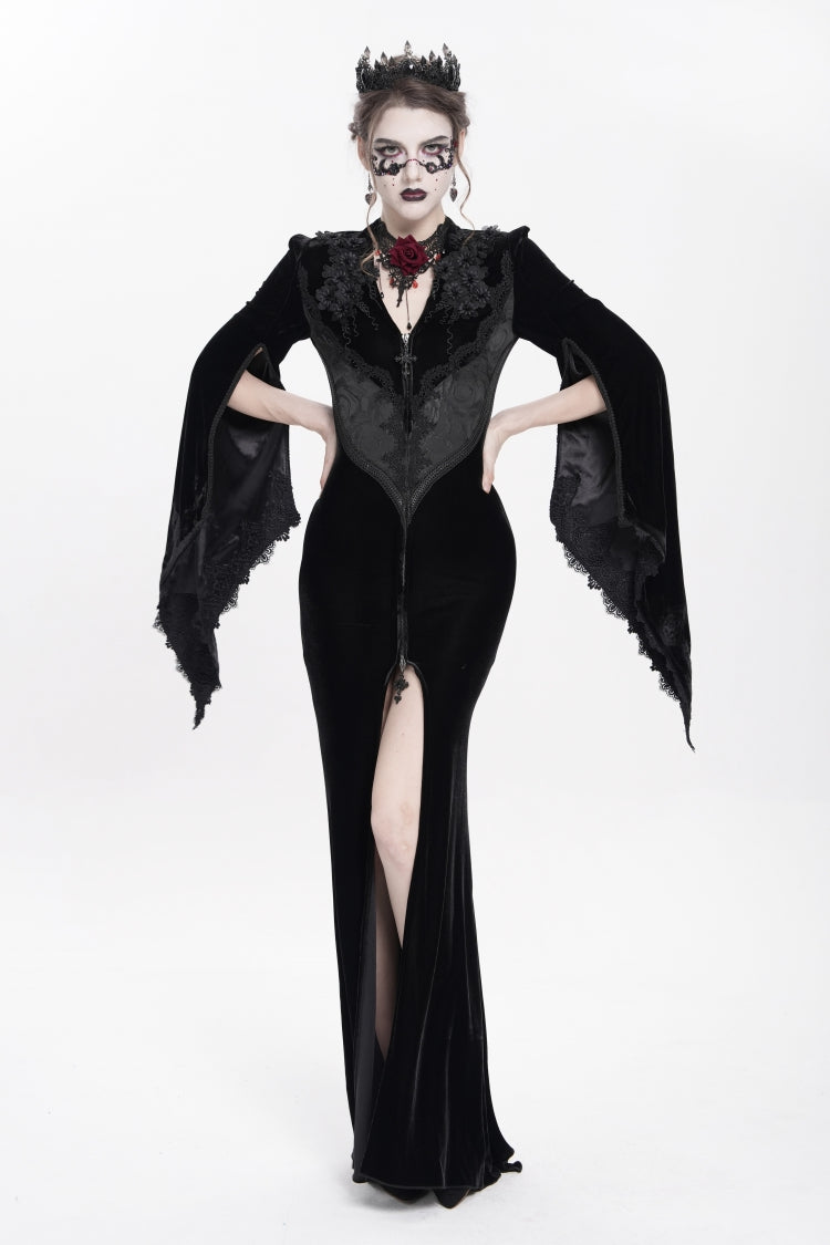V Collar Trumpet Sleeve Floral Embroidered Velvet Gothic Dress