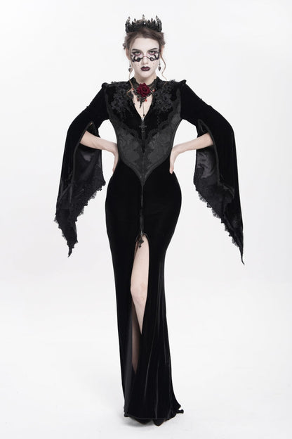 V Collar Trumpet Sleeve Floral Embroidered Velvet Gothic Dress