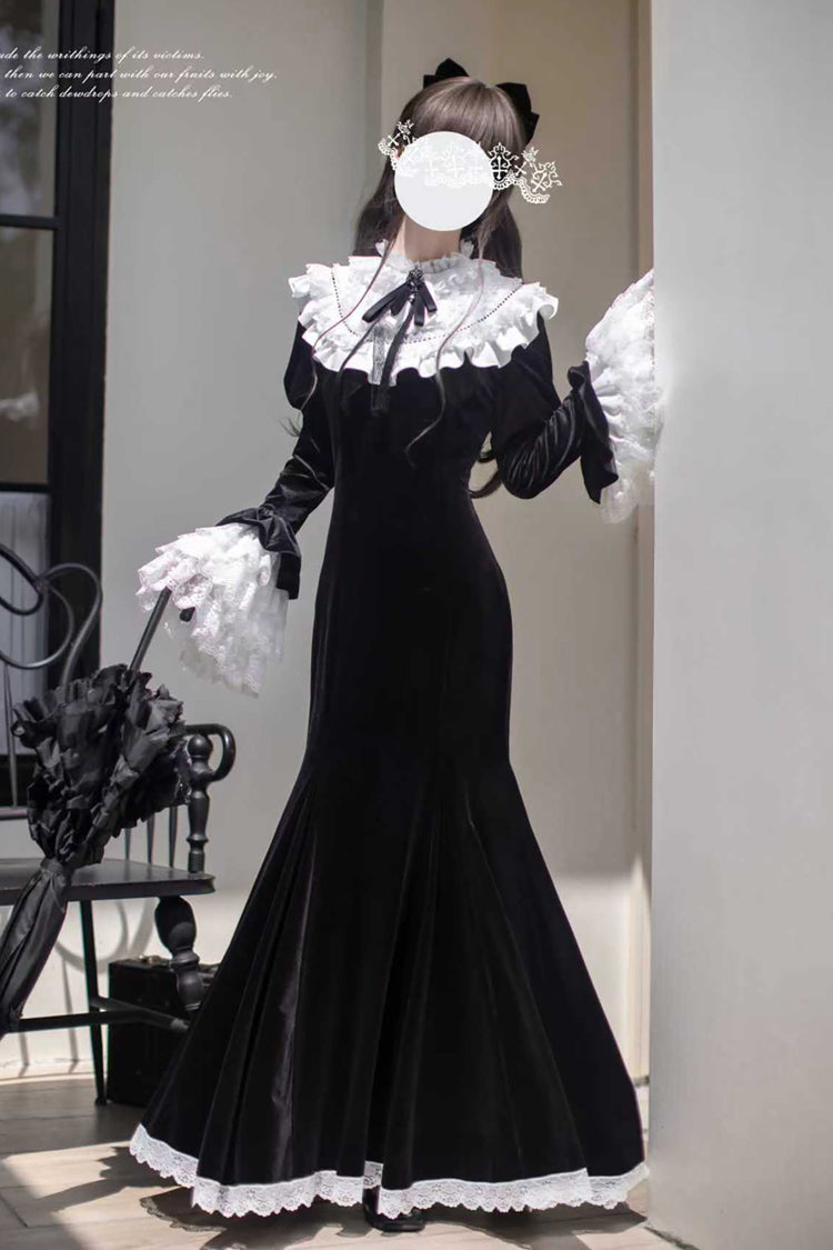 Velvet Gothic Elegant Fishtail Dress with Long Hime Sleeves and Bow - Raven-Feather Poetic Letter