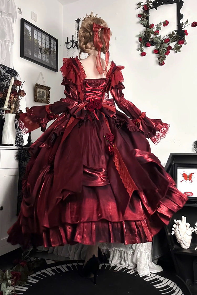 Crimson Tana Manor Rose Long Sleeve Ruffle Bow Elegant Goth Princess Lolita Off-Shoulder Dress
