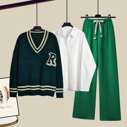 Drawstring Pants Print Sweater Letter V-neck Set Shirt