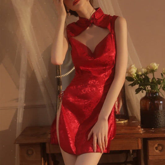 Vintage Hollow Out Lace Up Split Cheongsam Dress