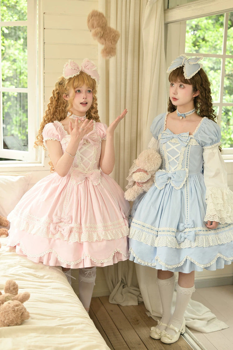 Square-Neck Cotton Dress with Double Ruffle Lace and Lacing