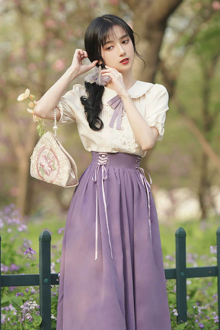 Solid Color Lapel Collar Short Sleeves High Waist Lace-Up Wave Hem Classic Lolita Two-Piece Set 7 Colors