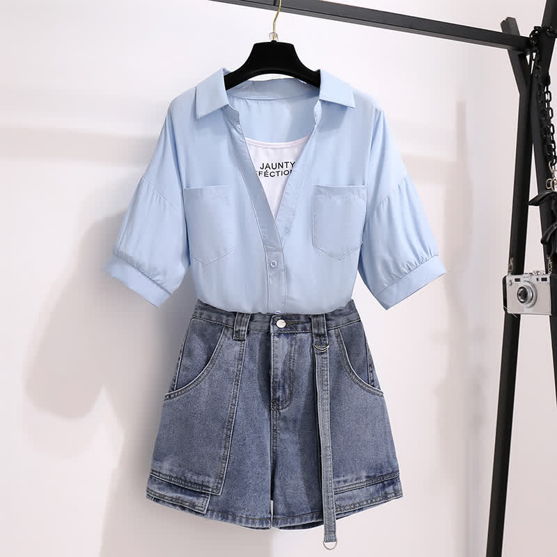 Pocketed T-Shirt Denim Fake Lapel Shorts Pieces Two
