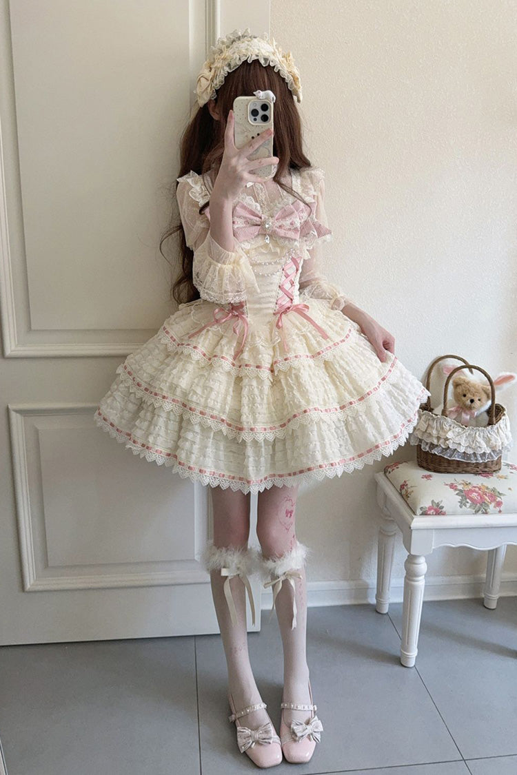 Apricot Floral Letters Song Sleeveless Triple-Layered Bow Lace-Up Sweet Lolita Jsk Dress