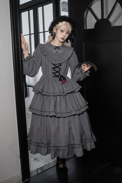 Gothic Lolita Castle Night Long-Sleeved Ruffle Embroidery Dress