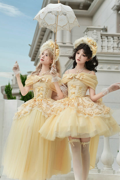 Sissi's Pilgrimage Off Shoulder Ruffle Bow Lace Sweet Lolita Short Skirt in Yellow