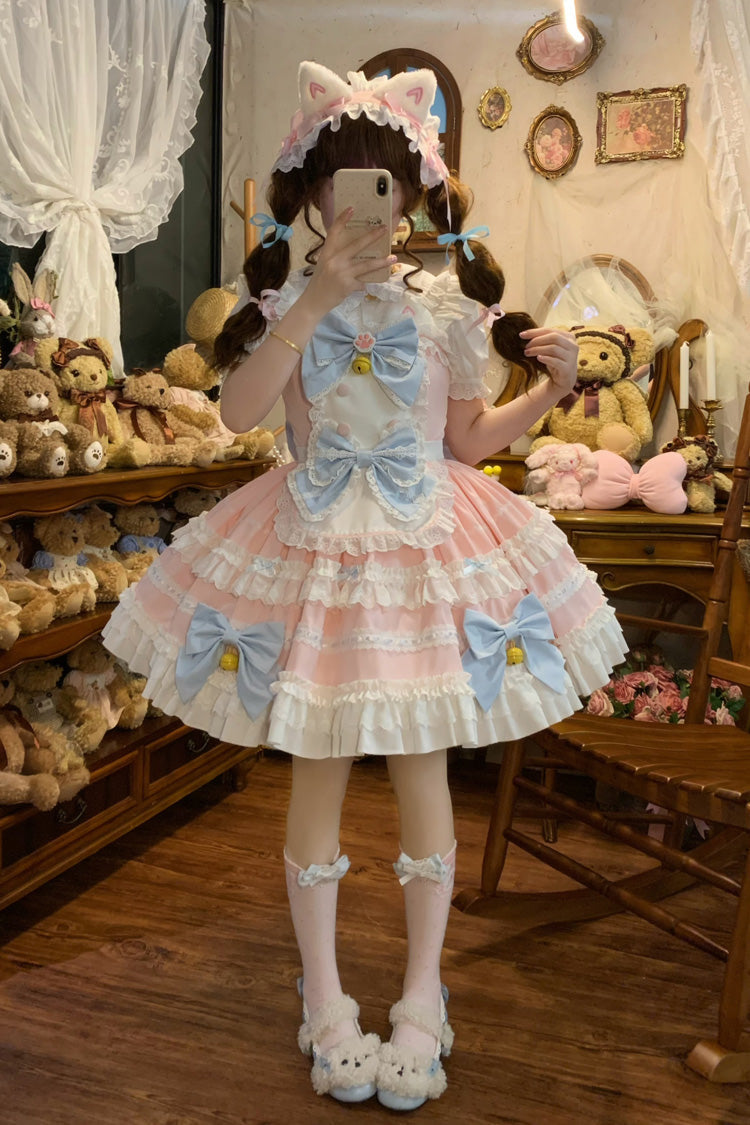 Rose Meowling Sweet Maid Sleeveless Layered Ruffle Bow Lace Princess Sweet JSK Dress