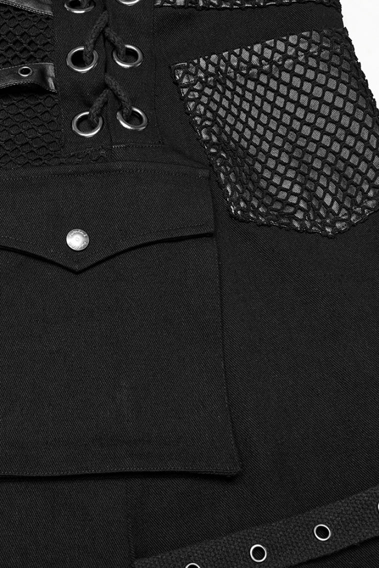Gothic Men's Kilt with Faux Leather Stitching Lace-Up and Irregular Mesh