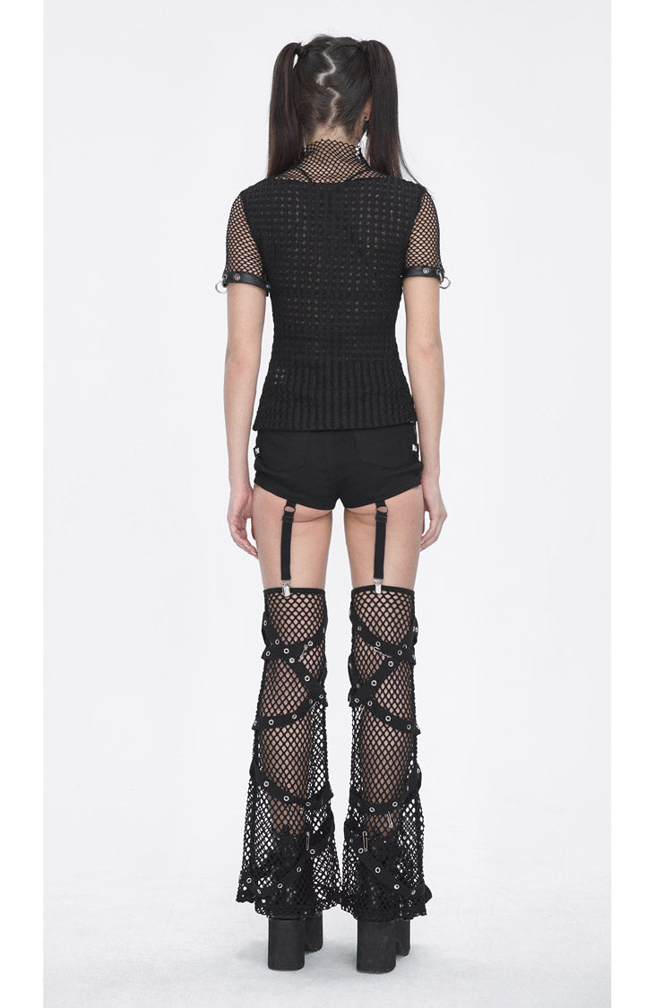 Punk Short-Sleeve Top with Mesh and Ring Embellishments