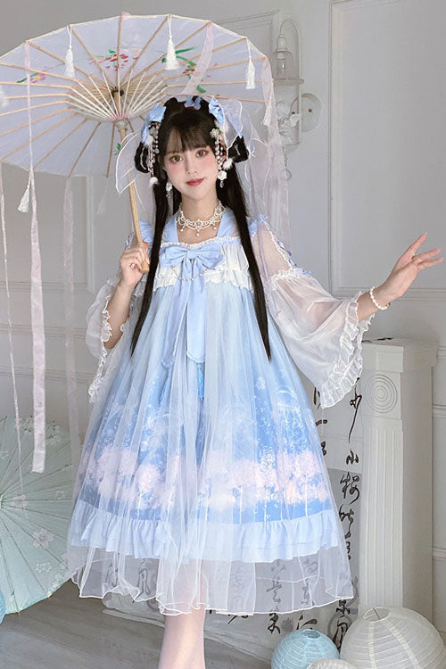 Blue Sweet Lolita Dress Jellyfish Print Bowknot Chinese Style - Altfashion Shop