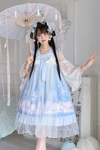 Blue Sweet Lolita Dress Jellyfish Print Bowknot Chinese Style - Altfashion Shop