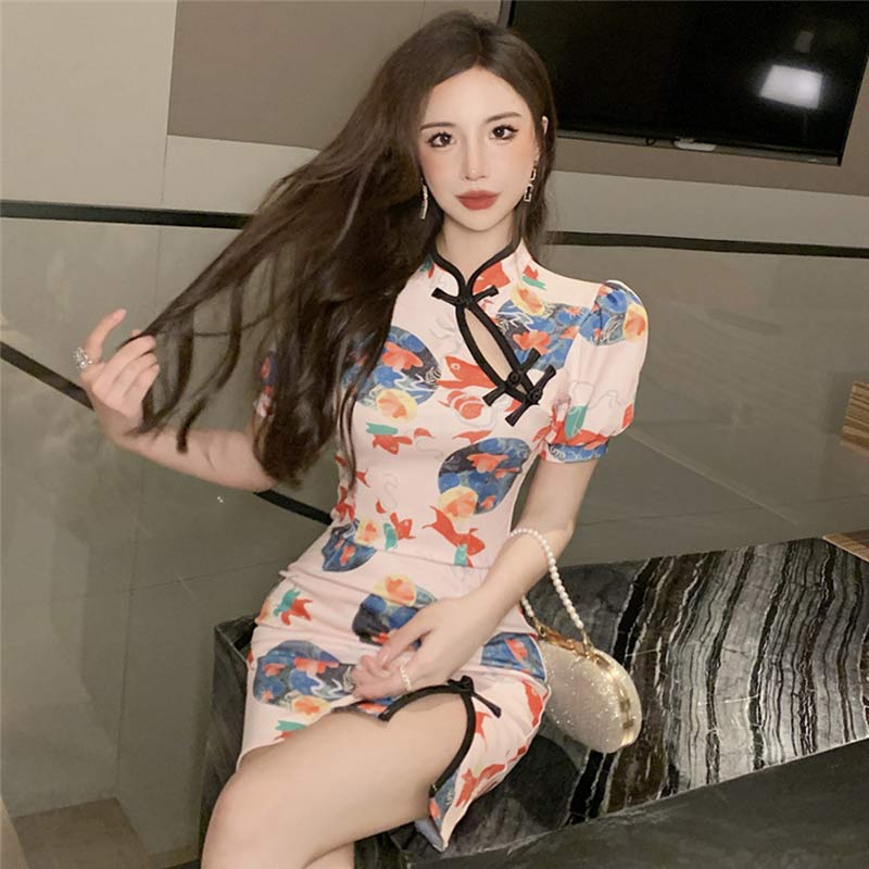 Charming Blue Floral Buckle Split Cheongsam Dress