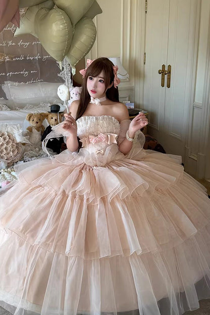 Rose Mousse Love Song Sleeveless Layered Ruffles Bride Bow Sweet Lolita Gown