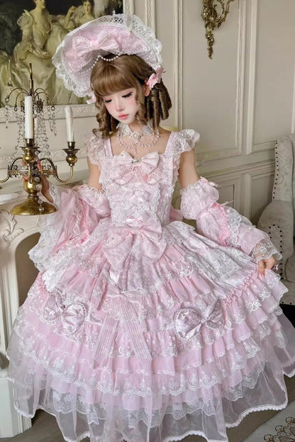 Rose Spring Prelude Sleeveless Tiered Ruffle Bow Lace Princess Sweet JSK Dress