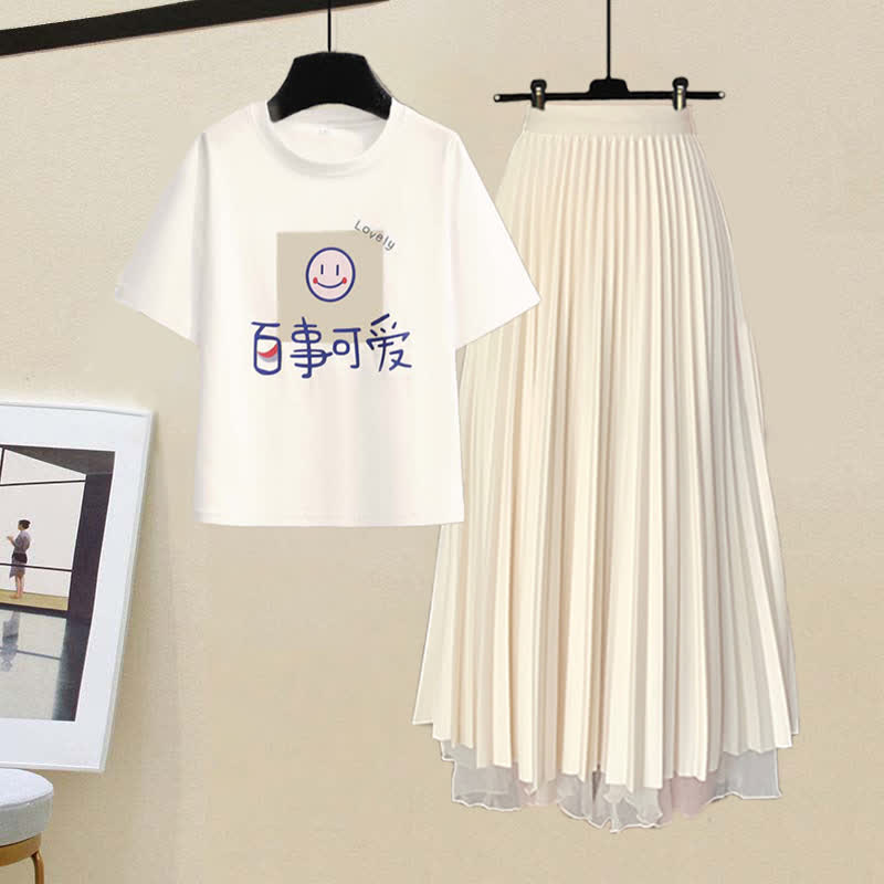 Print Cartoon Letter Tulle Pleated T-Shirt Bear Skirt