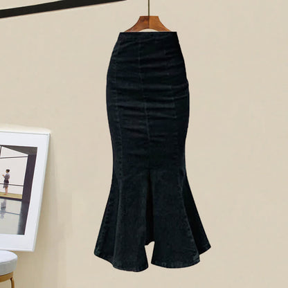 Cross Top Skirt Set Ruffled Crop Denim Fishtail