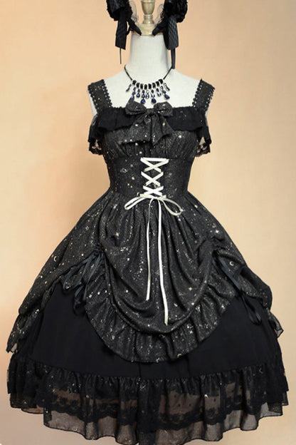 Gothic Lolita Wishing Stars Double-Layered Ruffle Lace-Up JSK Dress