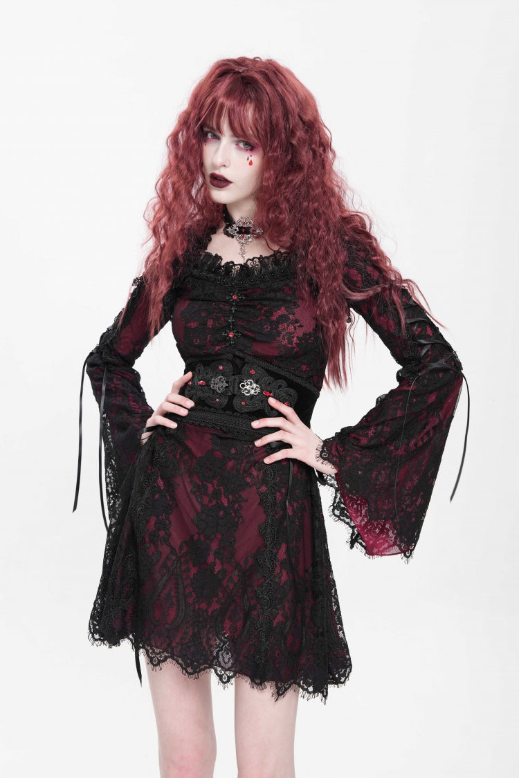Square Collar Long Sleeve Floral Lace Lace-Up Gothic Dress